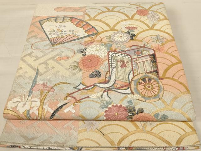 平和屋着物◎綴れ 太鼓柄袋帯 中国三大刺繍 相良刺繍 御所車花文 金糸 銀通し地 正絹 逸品 AABB1659dt