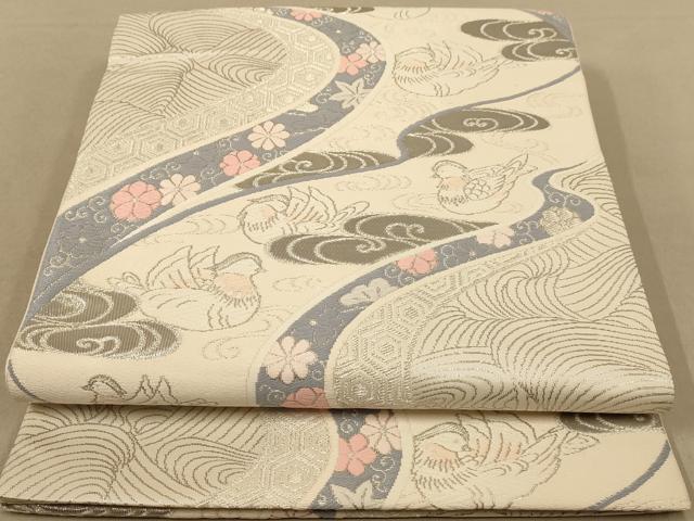 平和屋着物◎六通柄袋帯 流水鴛鴦花文 彩錦 プラチナ箔 正絹 逸品 AABB1676dt