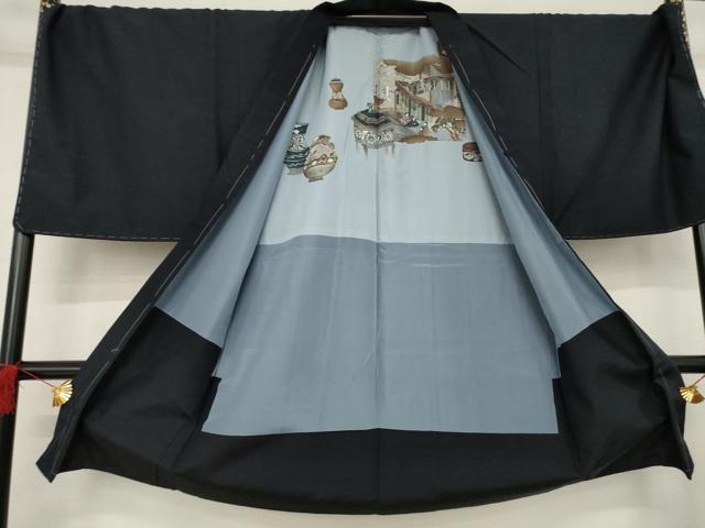 平和屋着物●男性 紬 アンサンブル 濃紺地 キングサイズ 正絹 逸品 未使用 AABB1962ck