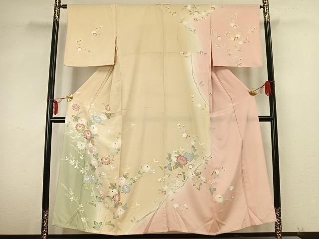 平和屋着物▽訪問着 単衣 枝花文 暈し染め 正絹 逸品 AABB2041fy