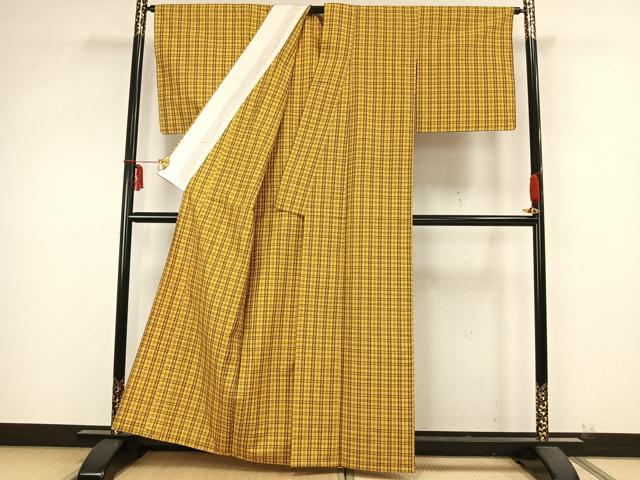 平和屋着物▽上質な紬 単衣 格子 正絹 逸品 未使用 AABB2055fy