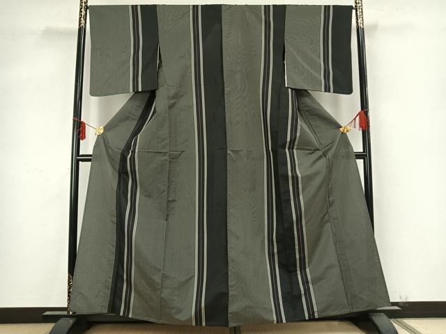 平和屋着物▽本場縞大島紬 単衣 縞 黒地 正絹 逸品 AABB2088fy