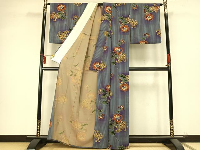 平和屋着物▽小紋 単衣 草花文 暈し染め 洗える着物 AABB2112fy