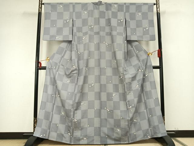 平和屋着物▽小紋 単衣 市松舞桜文 洗える着物 AABB2119fy