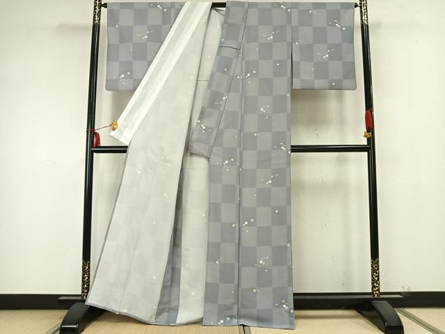平和屋着物▽小紋 単衣 市松舞桜文 洗える着物 AABB2119fy