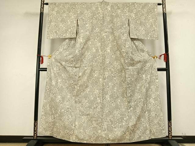 平和屋着物▽上質な紬 単衣 色紙重ね花文 正絹 逸品 AABB2135fy