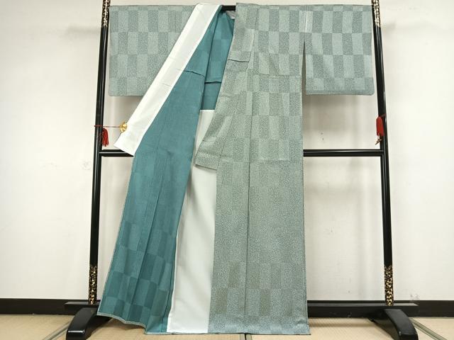 平和屋着物▽小紋 単衣 市松霞文様 洗える着物 AABB2177fy