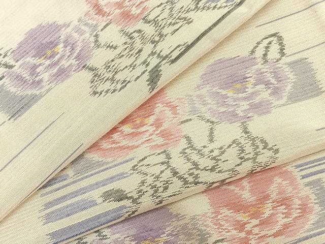 平和屋着物▽上質な紬 単衣 草花文 正絹 逸品 未使用 AABB2184fy