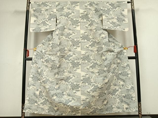 平和屋着物▽上質な紬 単衣 流水草花文 正絹 逸品 AABB2311fy