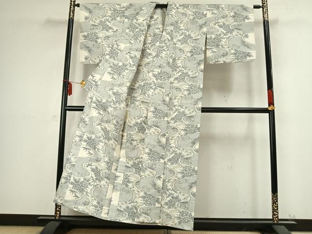 平和屋着物▽上質な紬 単衣 流水草花文 正絹 逸品 AABB2311fy