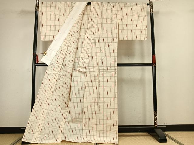 平和屋着物▽上質な紬 単衣 矢羽市松文 ロング丈 正絹 逸品 未使用 AABB2324fy