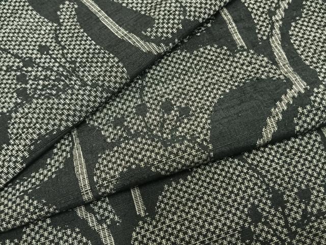 平和屋着物▽上質な紬 単衣 草花文 黒地 正絹 逸品 AABB2342fy