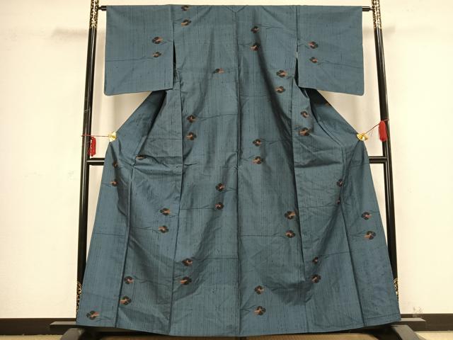 平和屋着物▽上質な紬 単衣 草花文 正絹 逸品 未使用 AABB2400fy