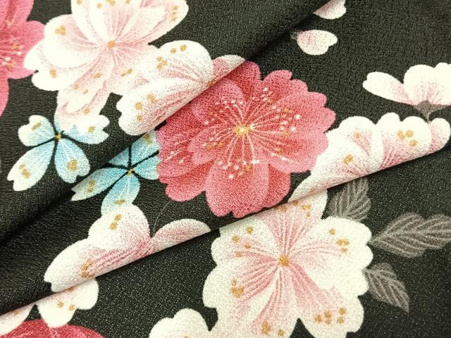 平和屋着物▽小紋 単衣 草花文 黒地 洗える着物 AABB2427fy