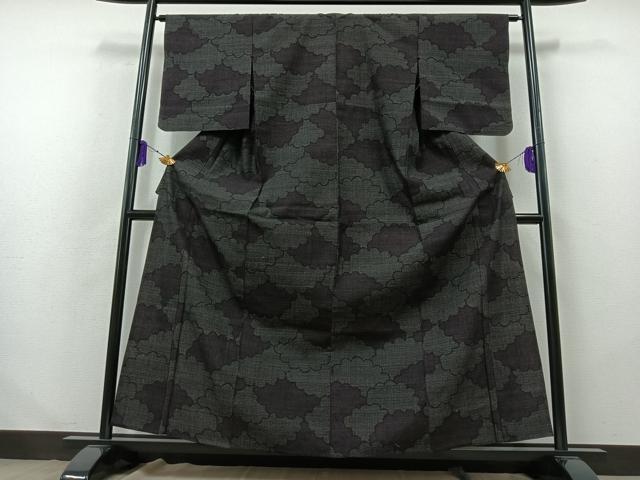 平和屋着物▽結城紬 単衣 80亀甲 雲取り文 正絹 逸品 AABB2457jh
