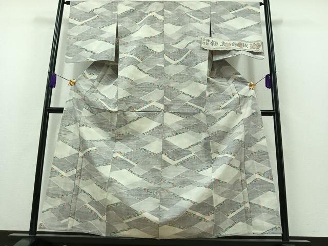 平和屋着物▽小千谷紬 単衣 本真綿織 花菱文 反端付き 正絹 逸品 AABB2468jh