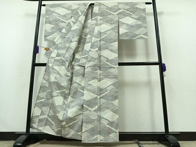平和屋着物▽小千谷紬 単衣 本真綿織 花菱文 反端付き 正絹 逸品 AABB2468jh