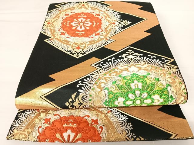 平和屋着物◎六通柄袋帯 松皮菱花文 黒地 金銀糸 正絹 逸品 AABB2727yx