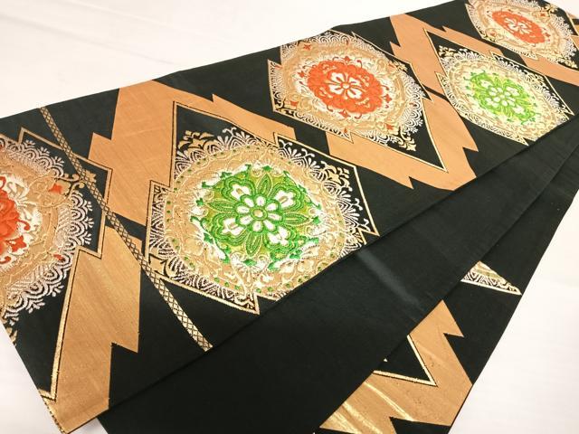 平和屋着物◎六通柄袋帯 松皮菱花文 黒地 金銀糸 正絹 逸品 AABB2727yx