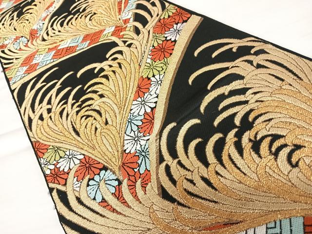 平和屋着物◎六通柄袋帯 裏菊 黒地 金糸 正絹 逸品 AABB2745yx