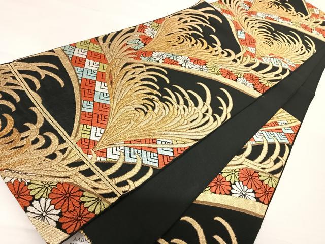 平和屋着物◎六通柄袋帯 裏菊 黒地 金糸 正絹 逸品 AABB2745yx
