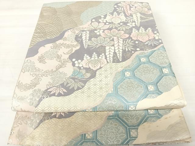 平和屋着物◎六通柄袋帯 唐織 道長花文 銀糸 正絹 逸品 AABB2770yx