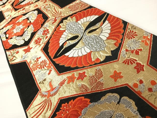 平和屋着物◎六通柄袋帯 双鶴花文 黒地 金銀糸 正絹 逸品 AABB2811yx