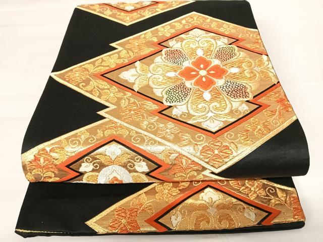 平和屋着物◎六通柄袋帯 唐織 松皮菱花文 黒地 金銀糸 正絹 逸品 AABB2911yx