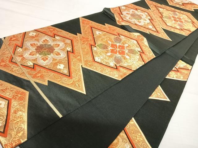 平和屋着物◎六通柄袋帯 唐織 松皮菱花文 黒地 金銀糸 正絹 逸品 AABB2911yx