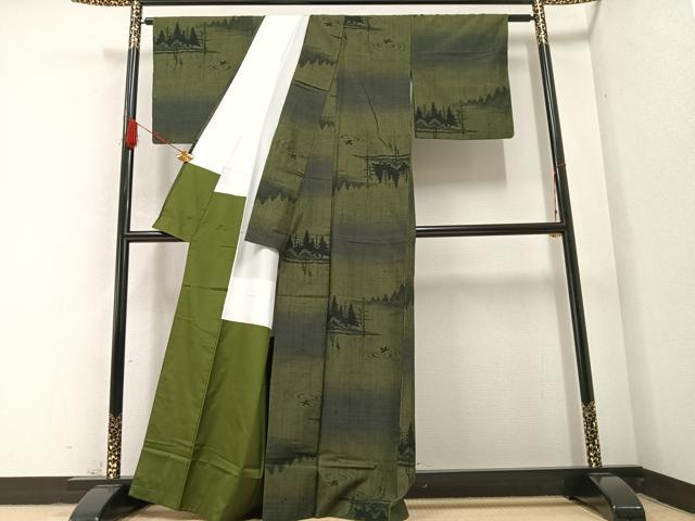 平和屋着物●上質な紬 水辺樹林 鳥 正絹 逸品 AABB2931ph