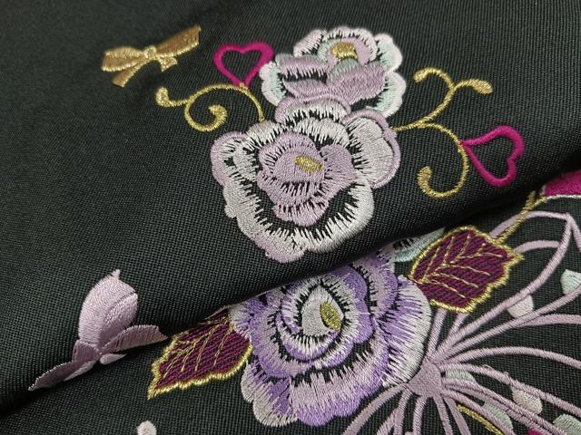 平和屋着物●行灯袴 刺繍 舞花文 黒地 金糸 洗える着物 未使用 AABB2990ph