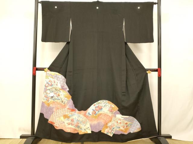 平和屋着物■豪華黒留袖 駒刺繍 地紙花鳥文 暈し染め 金彩 正絹 逸品 AABB3117fw