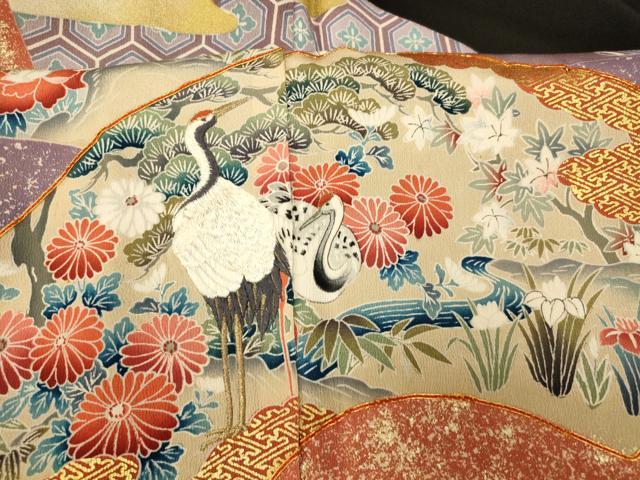 平和屋着物■豪華黒留袖 駒刺繍 地紙花鳥文 暈し染め 金彩 正絹 逸品 AABB3117fw