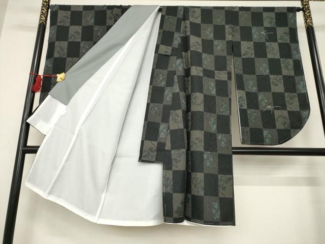 平和屋着物●小振袖 二尺袖 市松花文 黒地 洗える着物 未使用 AABB3223ck