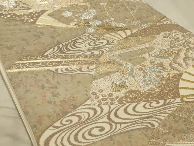 平和屋着物◎六通柄袋帯 扇面花鳥文 金銀糸 正絹 逸品 AABB3246ou