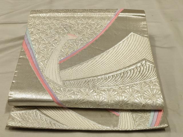 平和屋着物◎六通柄袋帯 唐織 孔雀花文 銀糸 正絹 逸品 AABB3253ou