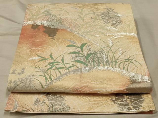 平和屋着物◎六通柄袋帯 草葉文 銀糸 正絹 逸品 AABB3254ou