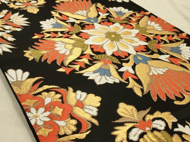 平和屋着物◎六通柄袋帯 更紗花文 黒地 金糸 正絹 逸品 AABB3275ou