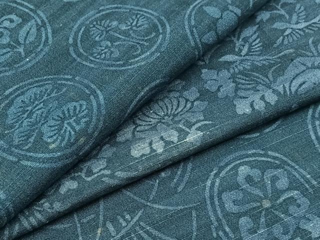 平和屋着物▽上質な紬 単衣 型染め 吉祥花丸文 正絹 逸品 AABB3574jh