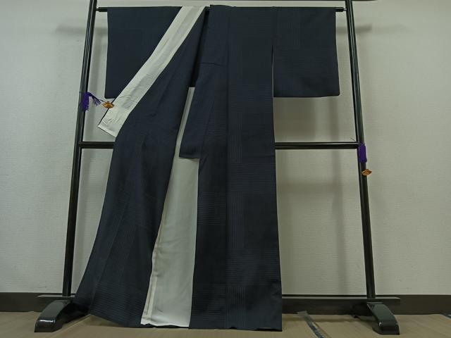 平和屋着物▽池田重子コレクション 結城ちぢみ 奥順謹製 はたおり娘 単衣 蚊絣 漆黒色地 証紙付き 正絹 逸品 AABB3578jh
