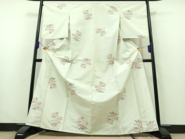 平和屋着物▽上質な紬 単衣 草花文 正絹 逸品 AABB3581jh