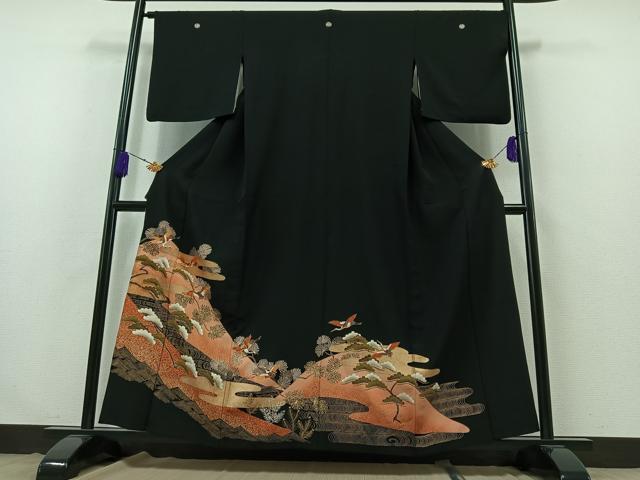 平和屋着物▽豪華黒留袖 単衣 駒刺繍 飛鶴風景松文 金糸 金彩 正絹 逸品 AABB3591jh