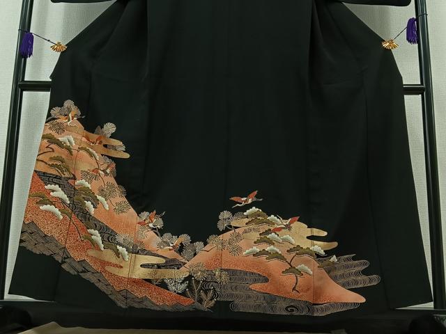 平和屋着物▽豪華黒留袖 単衣 駒刺繍 飛鶴風景松文 金糸 金彩 正絹 逸品 AABB3591jh