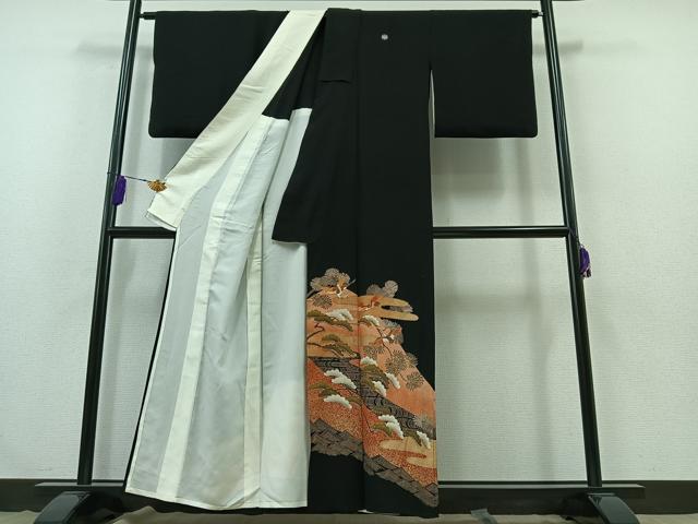 平和屋着物▽豪華黒留袖 単衣 駒刺繍 飛鶴風景松文 金糸 金彩 正絹 逸品 AABB3591jh