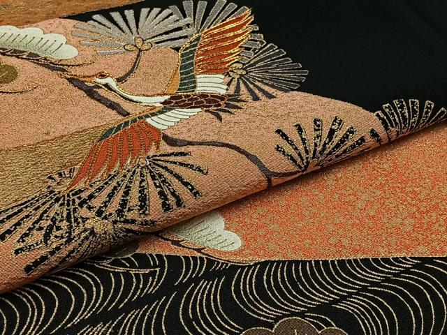 平和屋着物▽豪華黒留袖 単衣 駒刺繍 飛鶴風景松文 金糸 金彩 正絹 逸品 AABB3591jh
