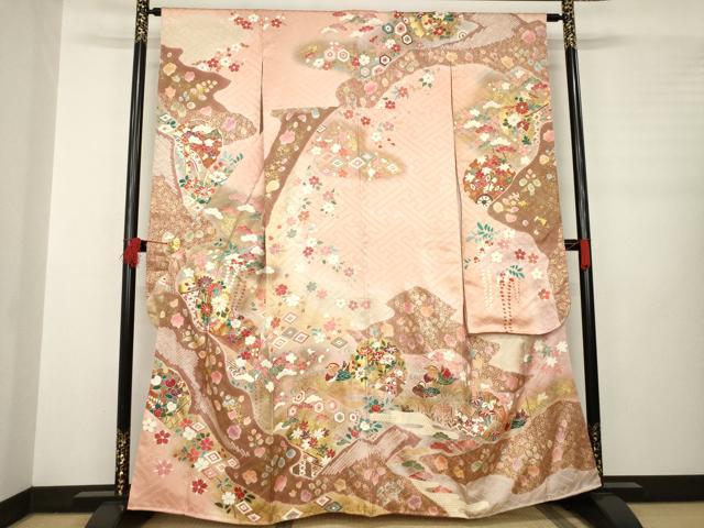 平和屋着物●豪華振袖 駒刺繍 絞り 雪輪鴛鴦花文 金彩 正絹 逸品 未使用 AABB3860ck