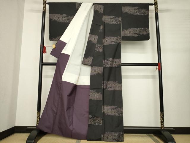 平和屋着物●本場大島紬 カタス7マルキ 横段風景文 黒地 正絹 逸品 AABB3876ck