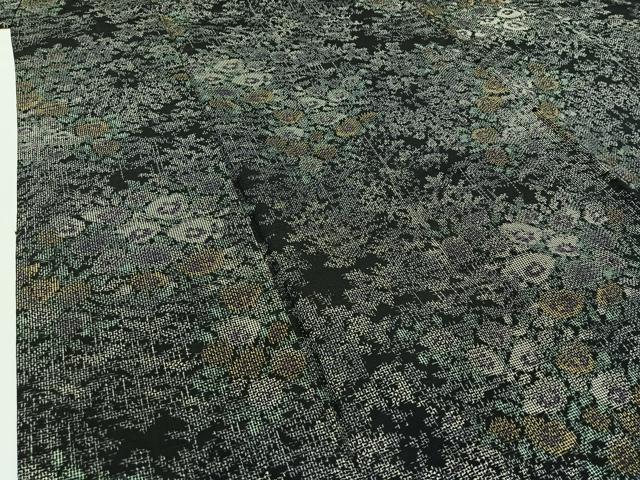 平和屋着物▽上質な紬 単衣 草花文 黒地 正絹 逸品 AABB3891jh