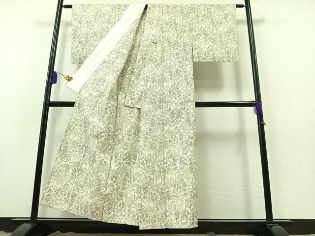 平和屋着物▽上質な紬 単衣 亀甲花文 正絹 逸品 AABB3904jh