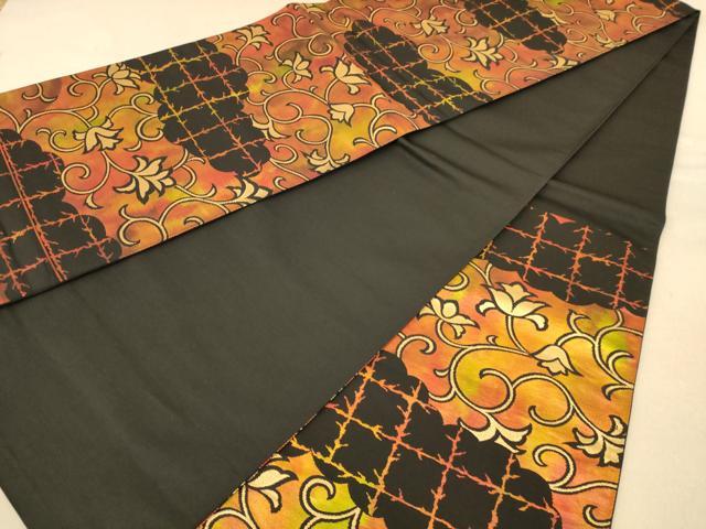 平和屋着物◎六通柄袋帯 更紗花文 黒地 金糸 正絹 逸品 AABB4061dt